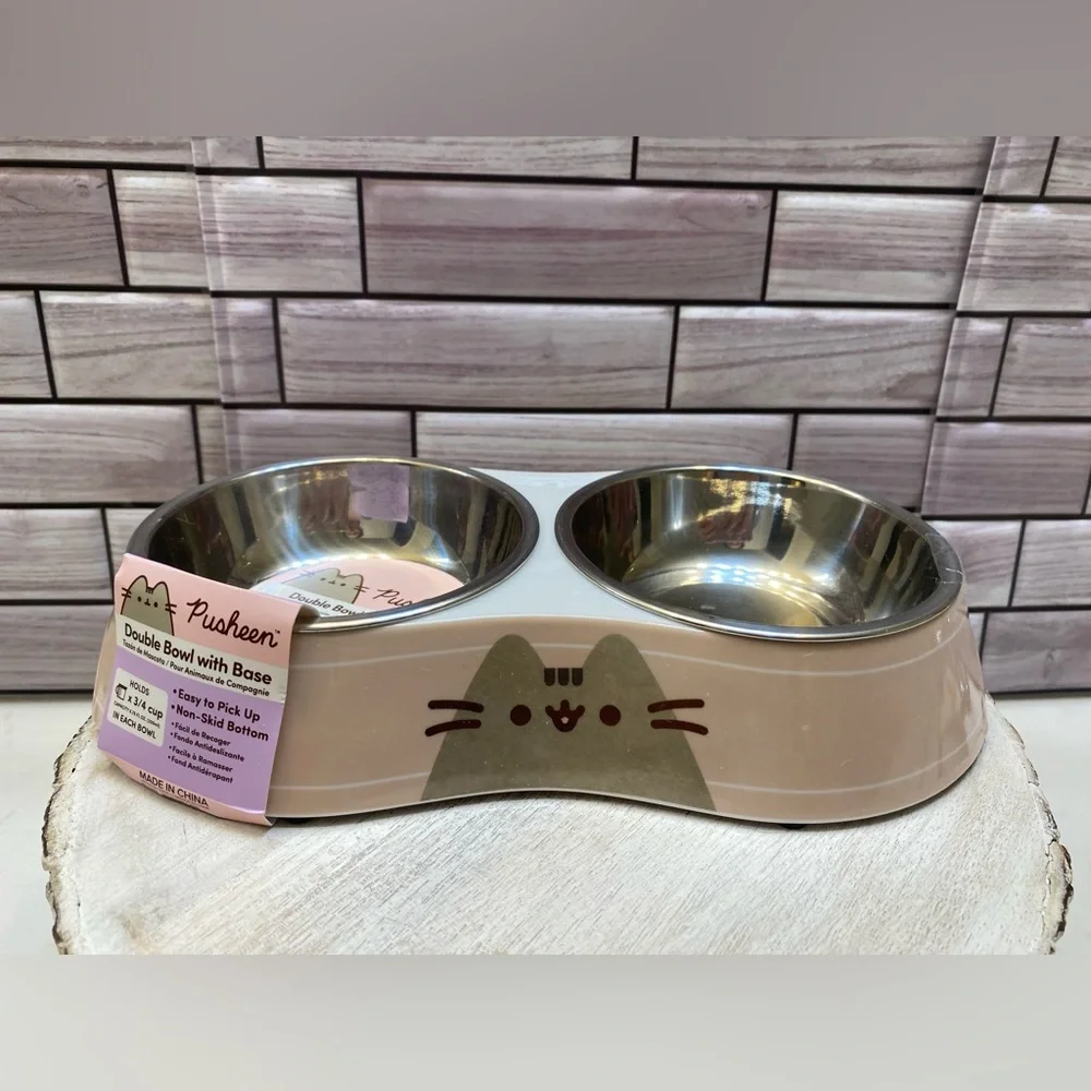 Pusheen 🐈 🐕 Double Bowl With Base Cat Bowl 3/4 cup x2 NWT